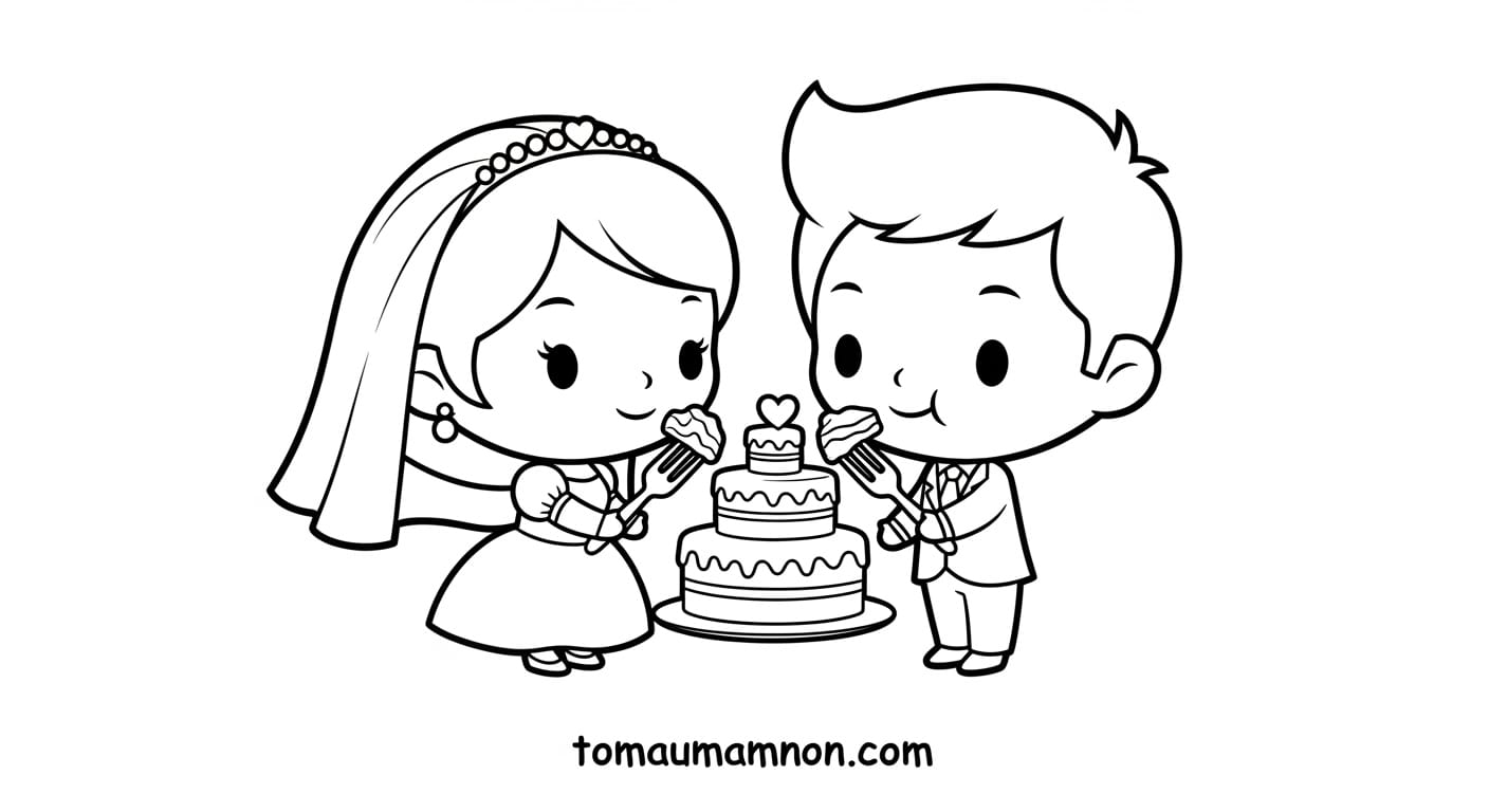 Cô dâu chibi và chú rể chibi cười tươi