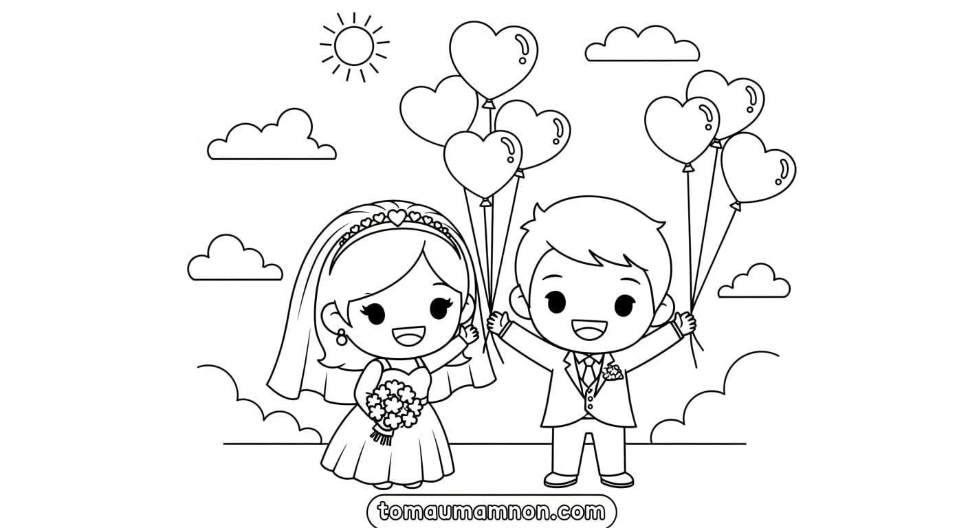 Cô dâu chú rể chibi nắm chặt tay