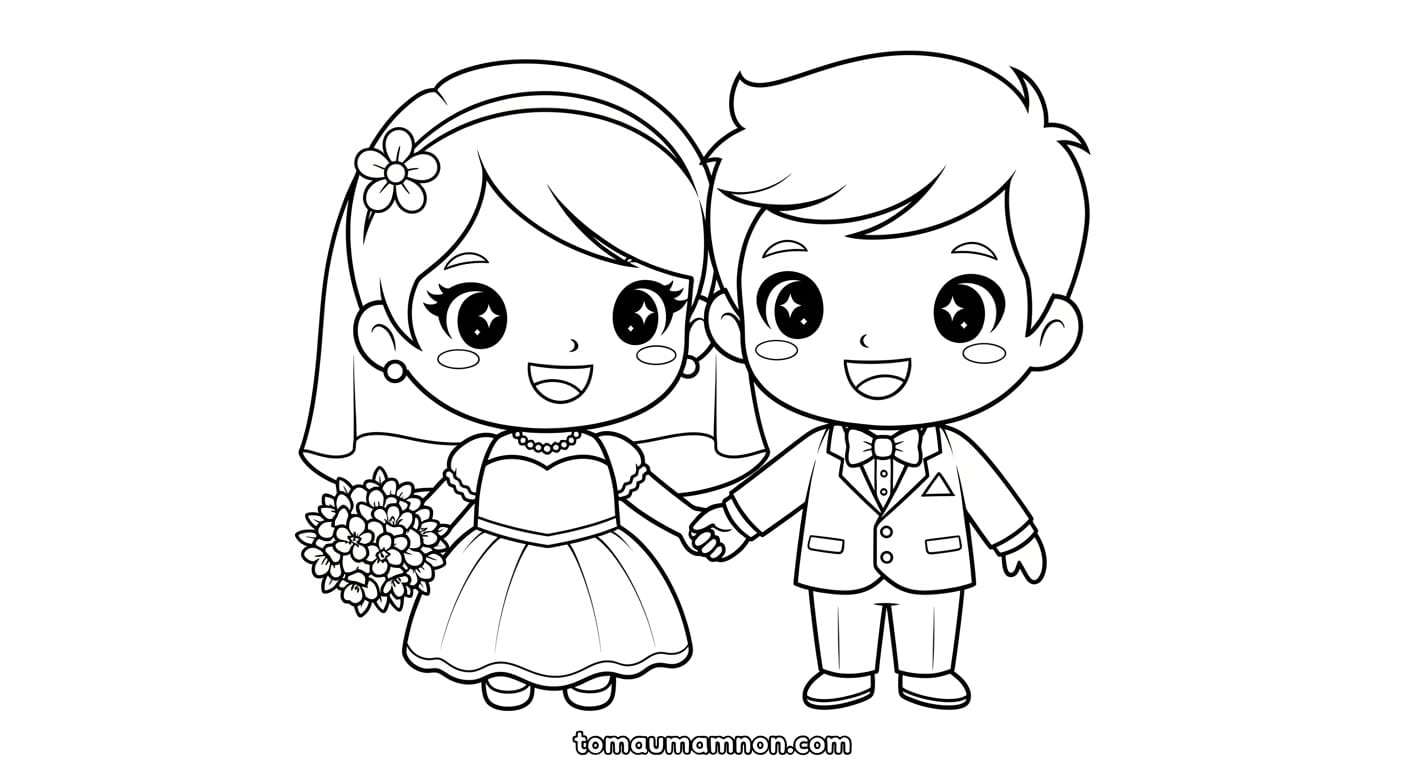 Cô dâu chú rể chibi cầm tay