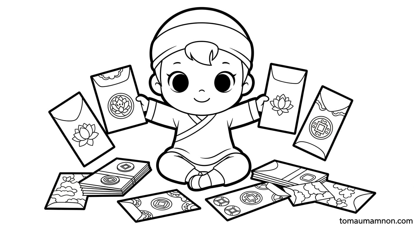 Lì Xì Chibi Trẻ tô màu nhân vật chibi trên bàn gỗ