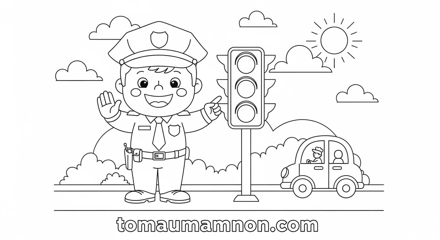 Chú cảnh sát và cột đèn giao thông