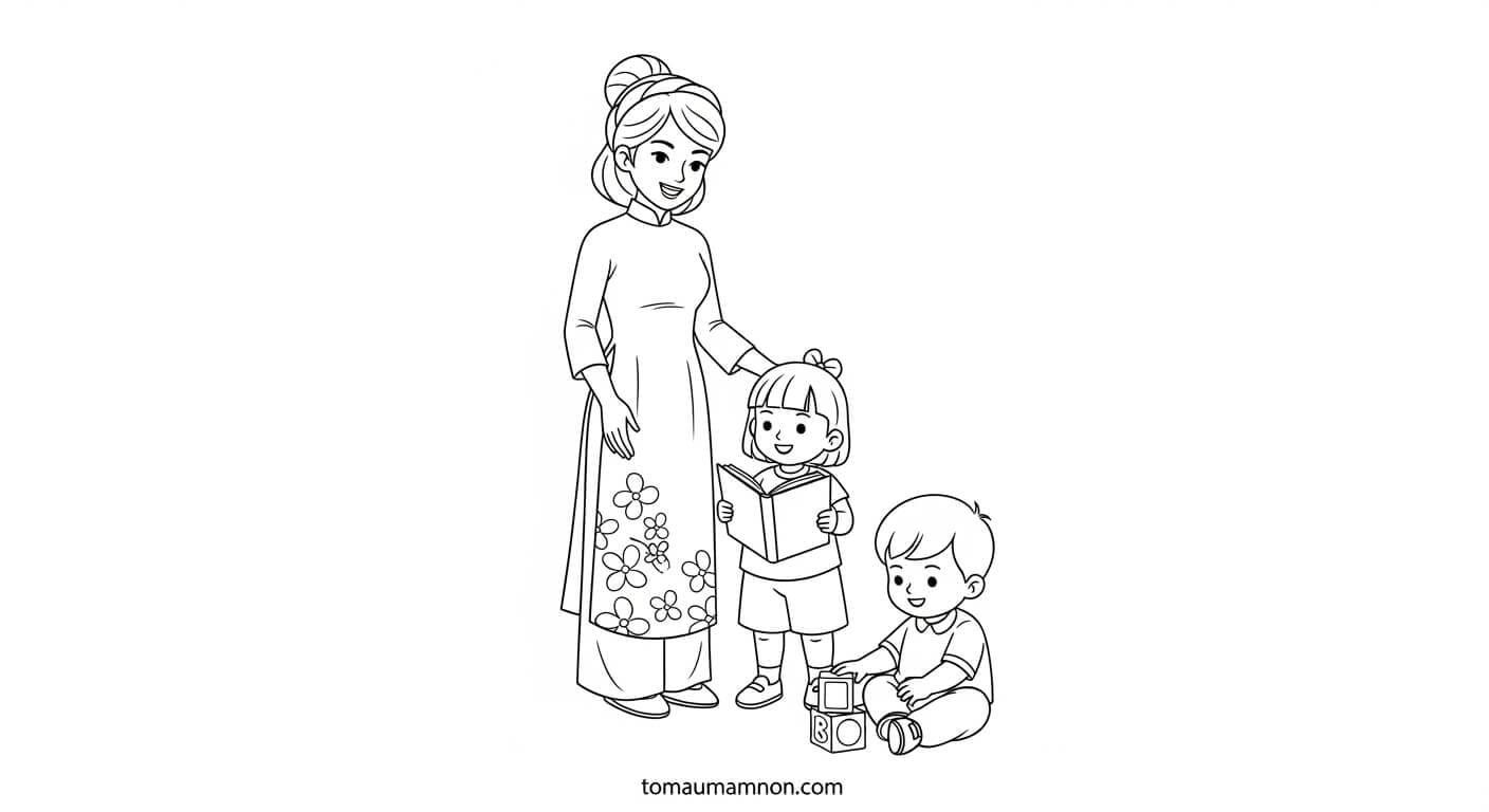 Tô Màu Cô Giáo Cô giáo và học trò vui vẻ