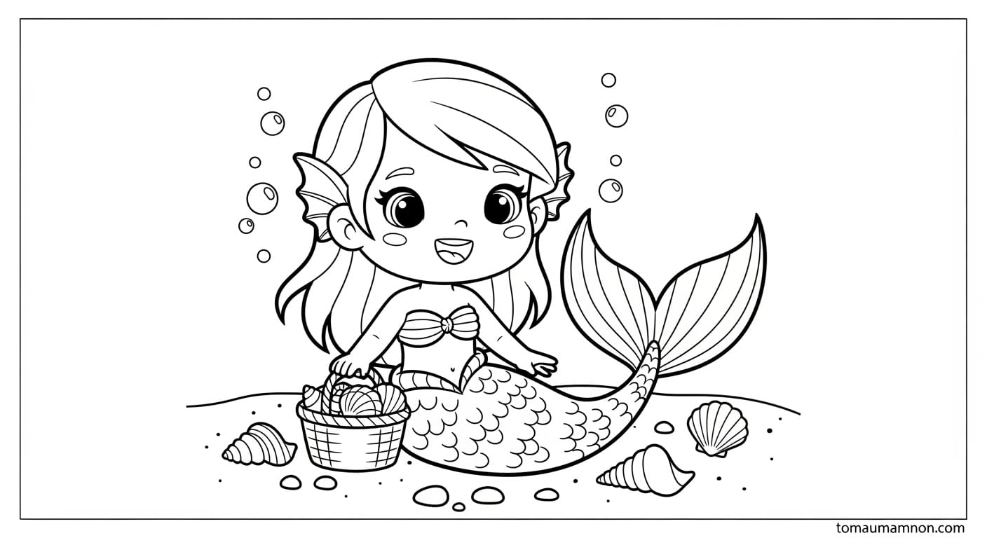 Tô Màu Nàng Tiên Cá Chibi Nàng tiên cá với bọt biển