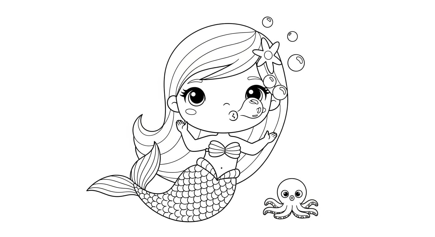 Tô Màu Nàng Tiên Cá Chibi Nàng tiên cá cùng cá bạn