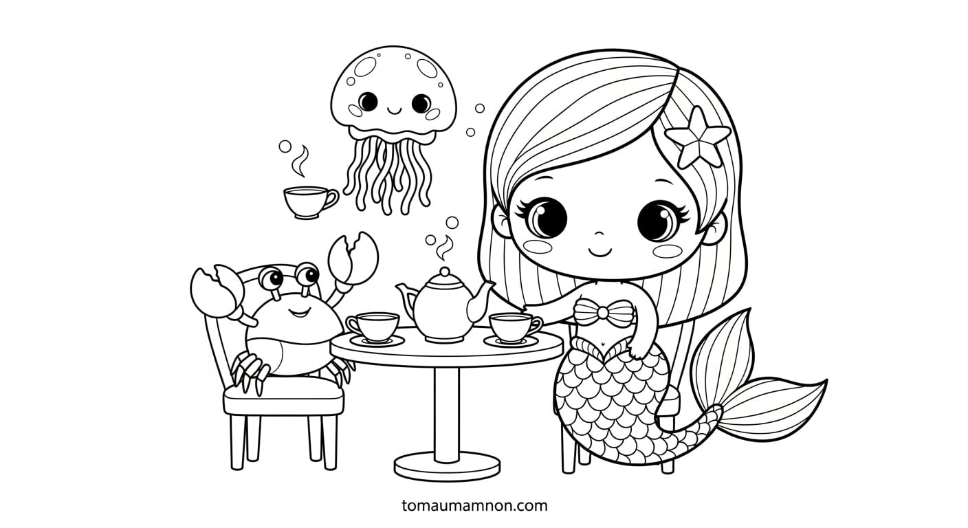 Tô Màu Nàng Tiên Cá Chibi Nàng tiên cá với mái tóc dài