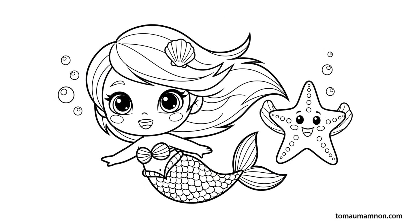 Tô Màu Nàng Tiên Cá Chibi Nàng tiên cá chibi vui tươi