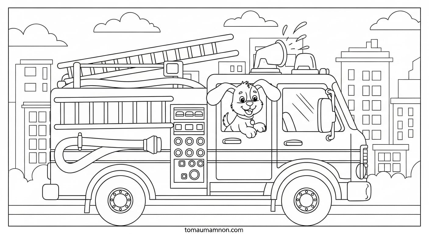 Tô Màu Xe Cứu Hỏa Xe cứu hỏa với vòi nước