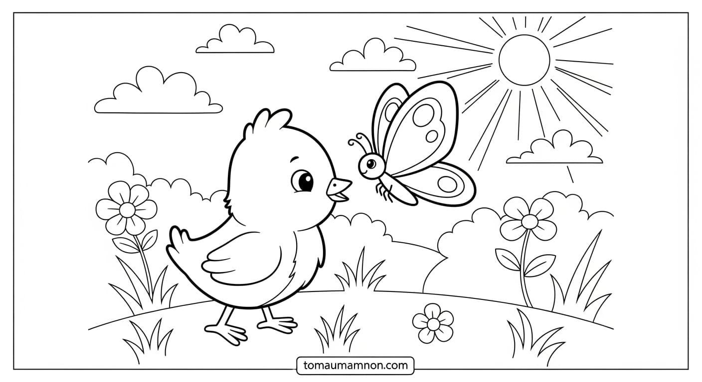 Bé cầm bút màu bên tượng gà