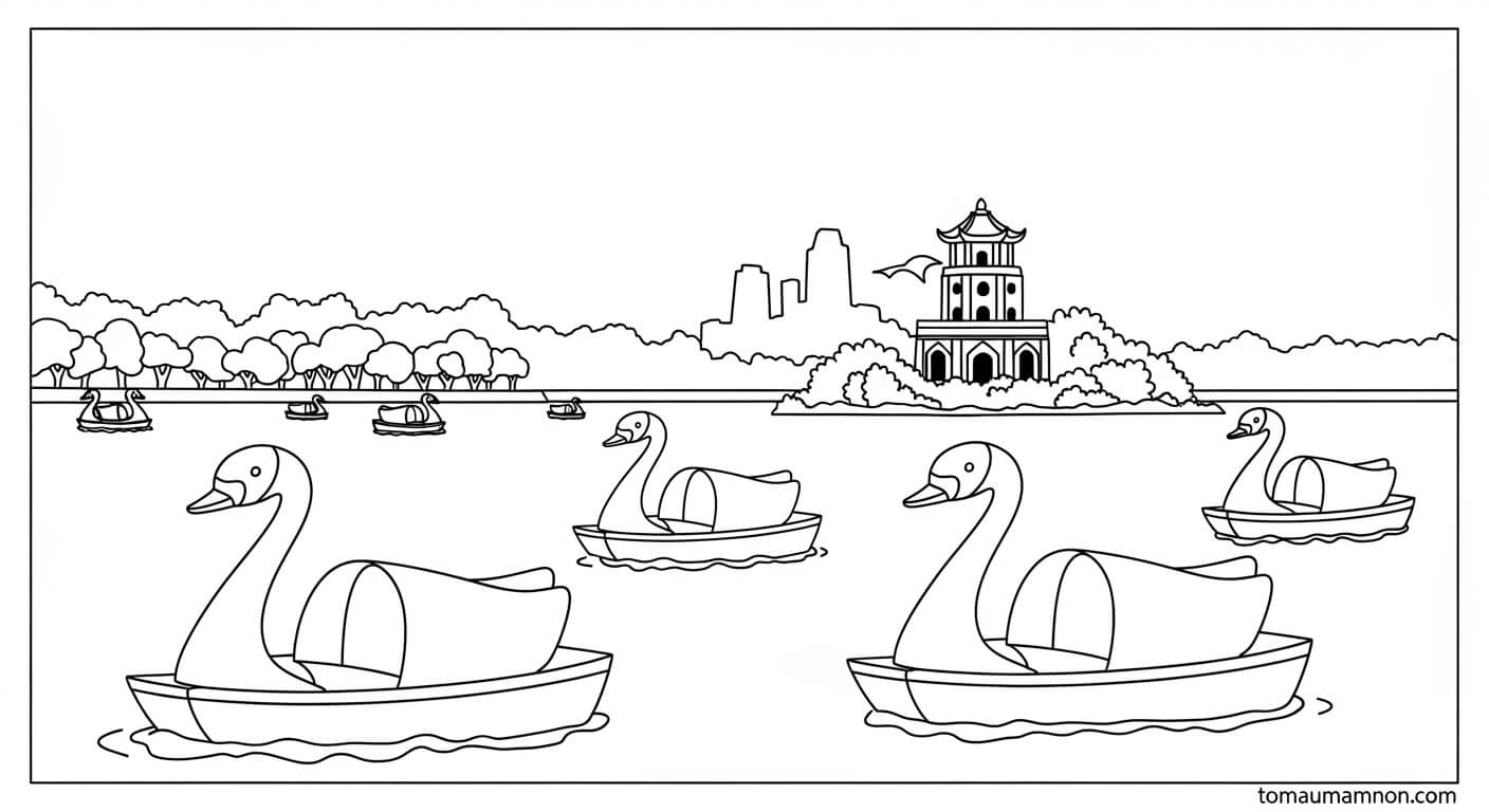 Tranh mô tả hồ vào buổi sáng