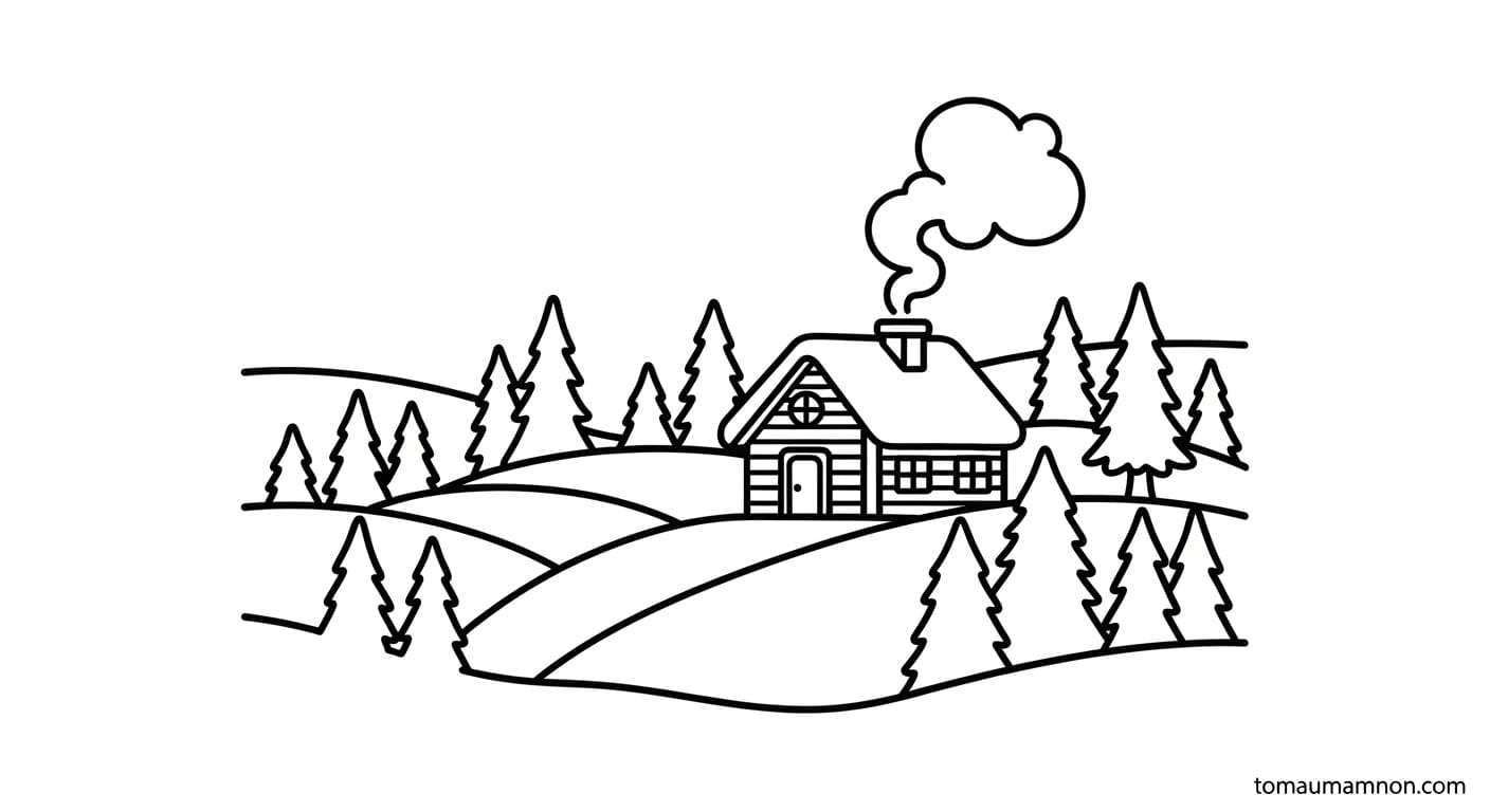 Tranh Mùa Đông Ngôi nhà gỗ ấm áp