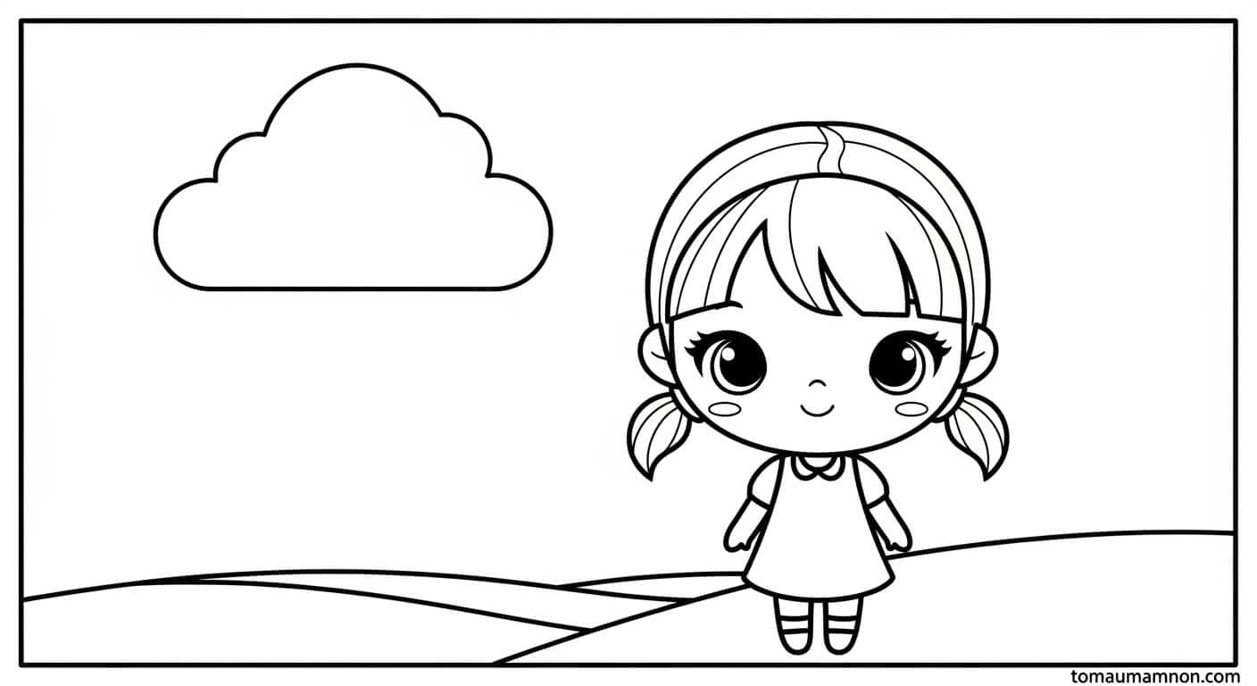 Tranh Tô Màu Anime Girl Cute cô gái anime trên mây