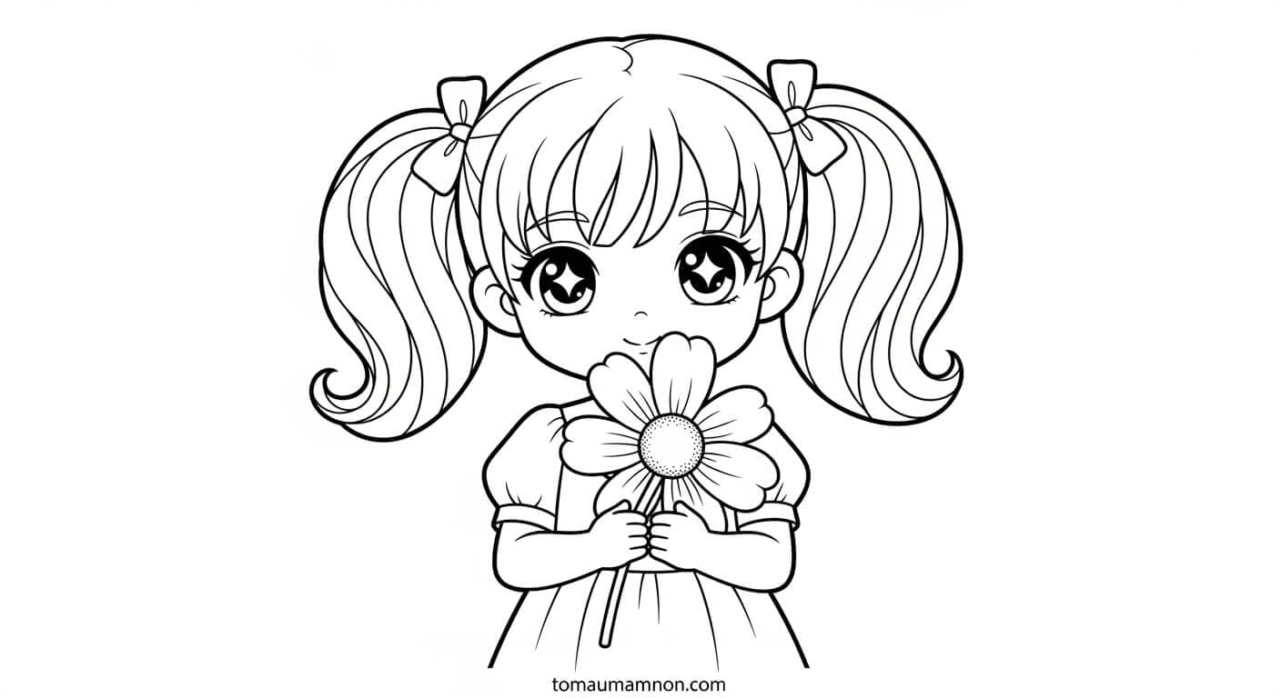 Tranh Tô Màu Anime Girl Cute cô gái anime tóc dài