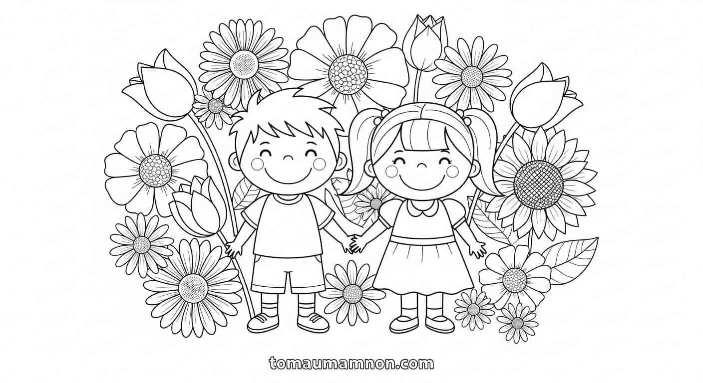 Tranh Tô Màu Bé Trai Bé Gái Bé gái với thú cưng