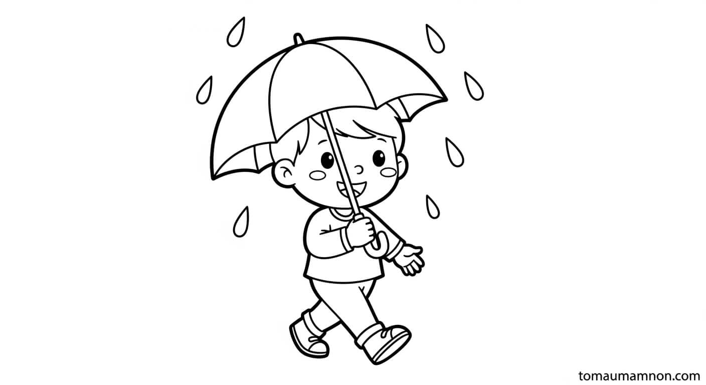 Tranh Tô Màu Cảnh Trời Mưa Trẻ em dưới mưa