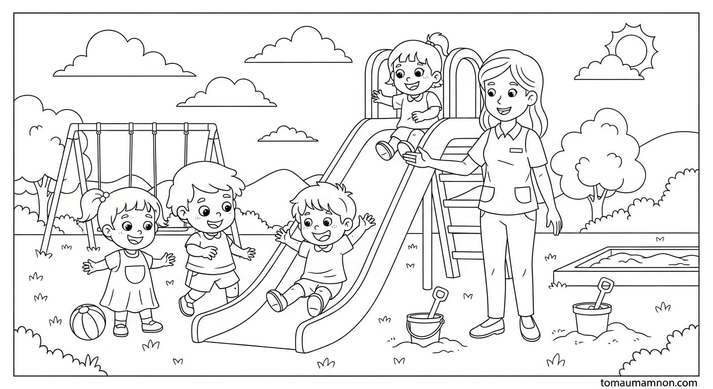 Tranh Tô Màu Cô Giáo Mầm Non Cô giáo và trường lớp