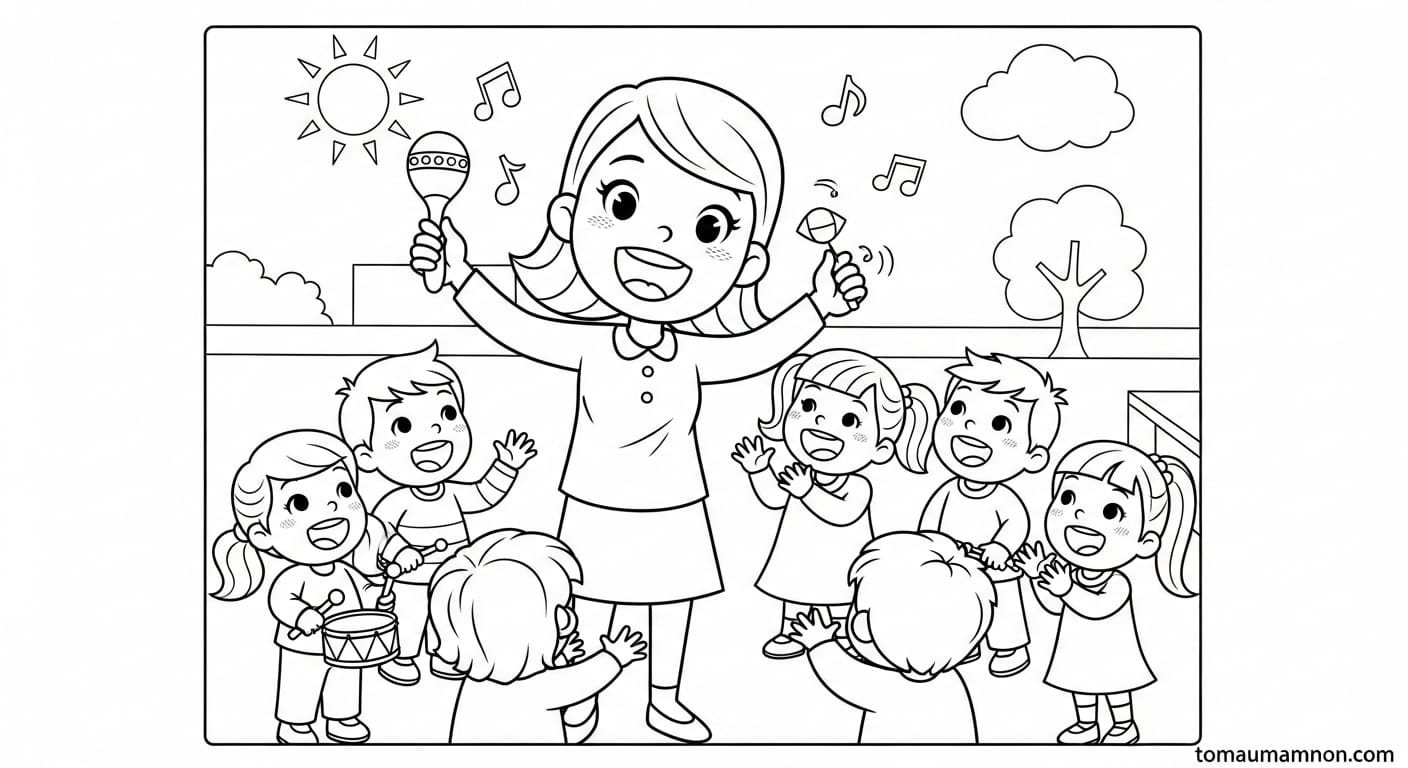 Tranh Tô Màu Cô Giáo Mầm Non Cô giáo chơi cùng bé