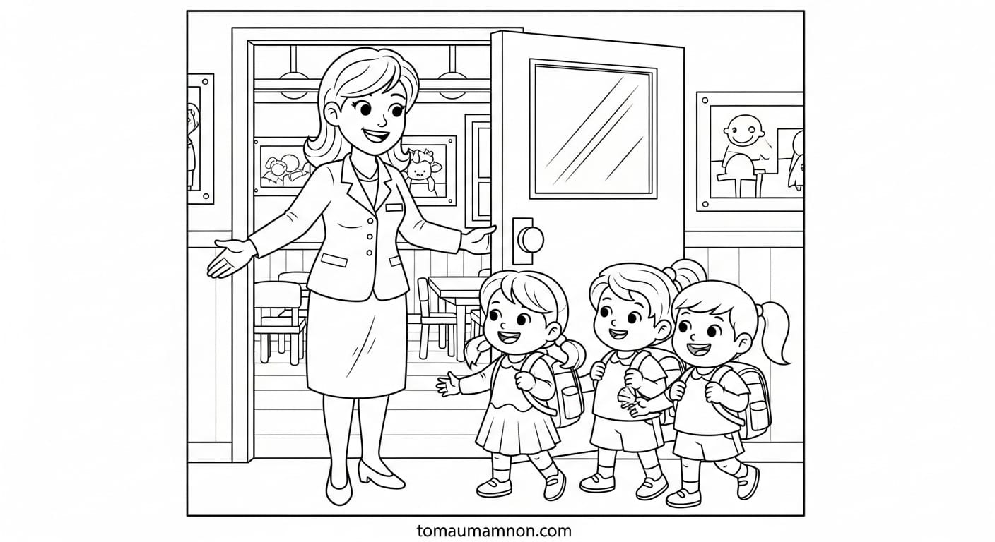 Tranh Tô Màu Cô Giáo Mầm Non Cô giáo và học sinh