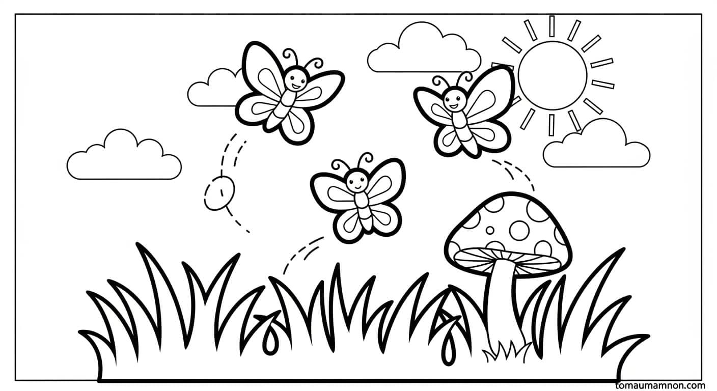 Tranh Tô Màu Con Bướm Bướm bay giữa cánh đồng