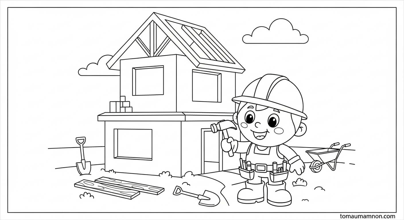 Tranh Tô Màu Dụng Cụ Nghề Xây Dựng cẩu tháp