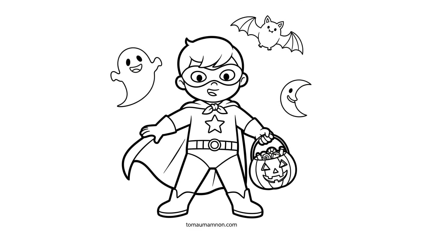 Tranh Tô Màu Halloween Mèo đen bên đống lá