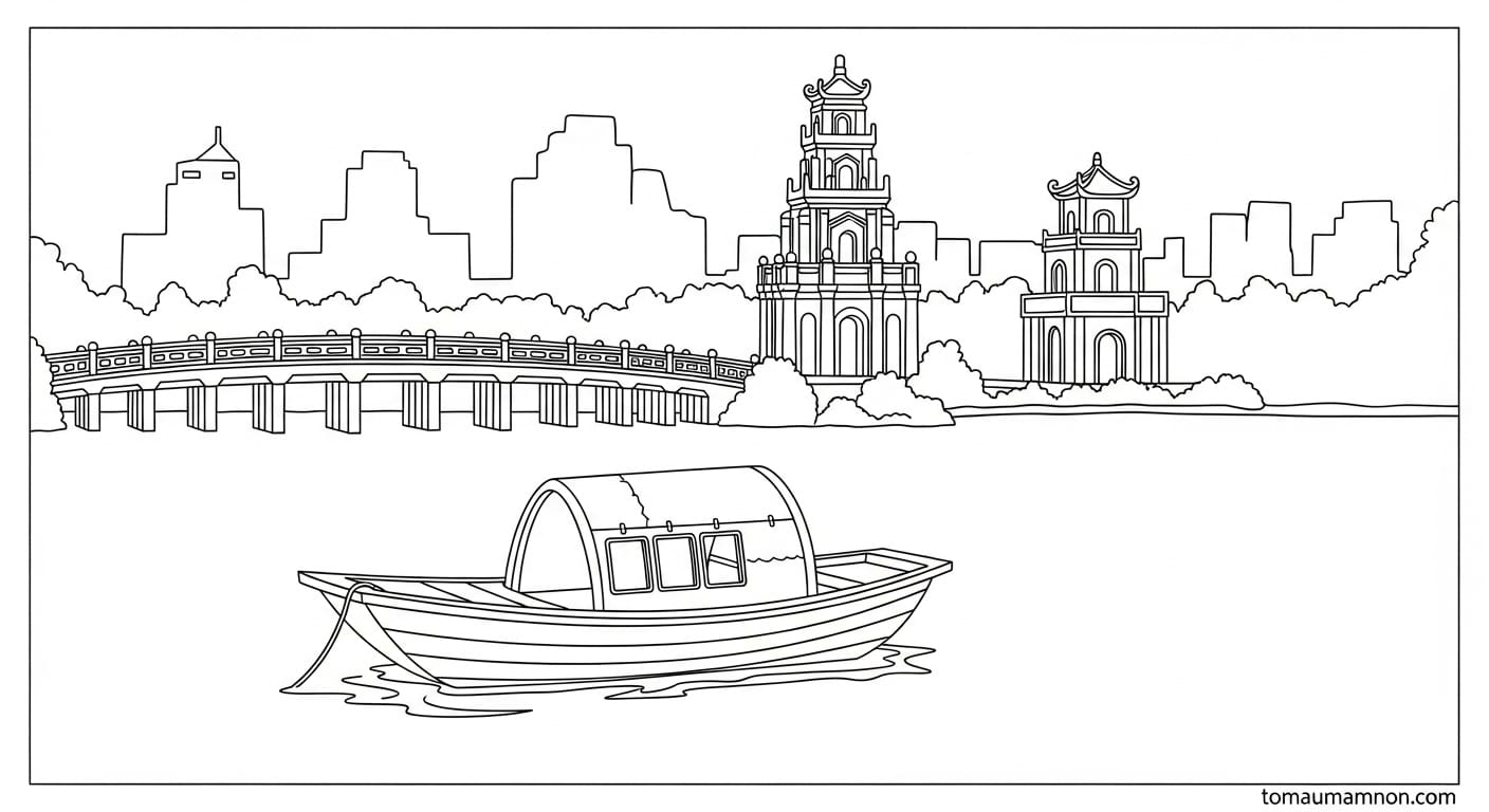 Tranh Tô Màu Hồ Gươm Cầu Thê Húc giữa trời xanh