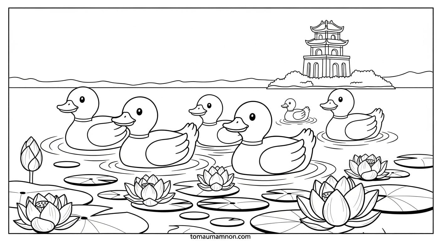 Tranh Tô Màu Hồ Gươm Cây cối xanh tươi quanh hồ