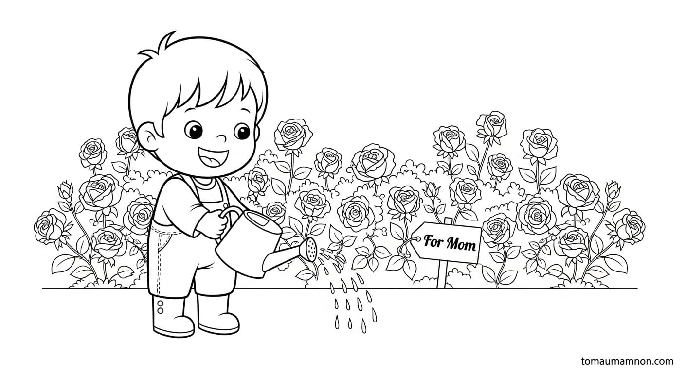 Tranh Tô Màu Hoa Tặng Mẹ bé vẽ hoa và mẹ