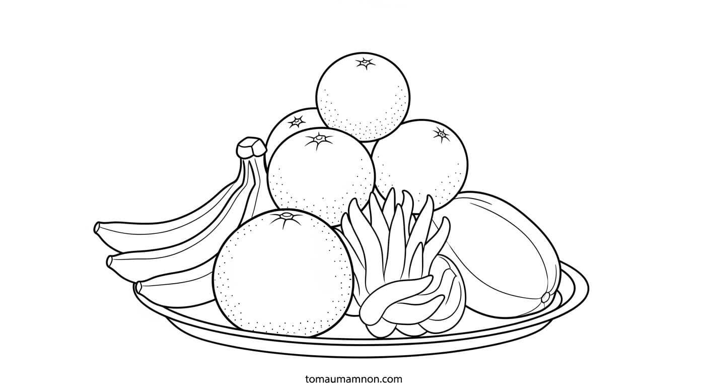 Tranh Tô Màu Mâm Ngũ Quả Ngày Tết Cận cảnh trái cây