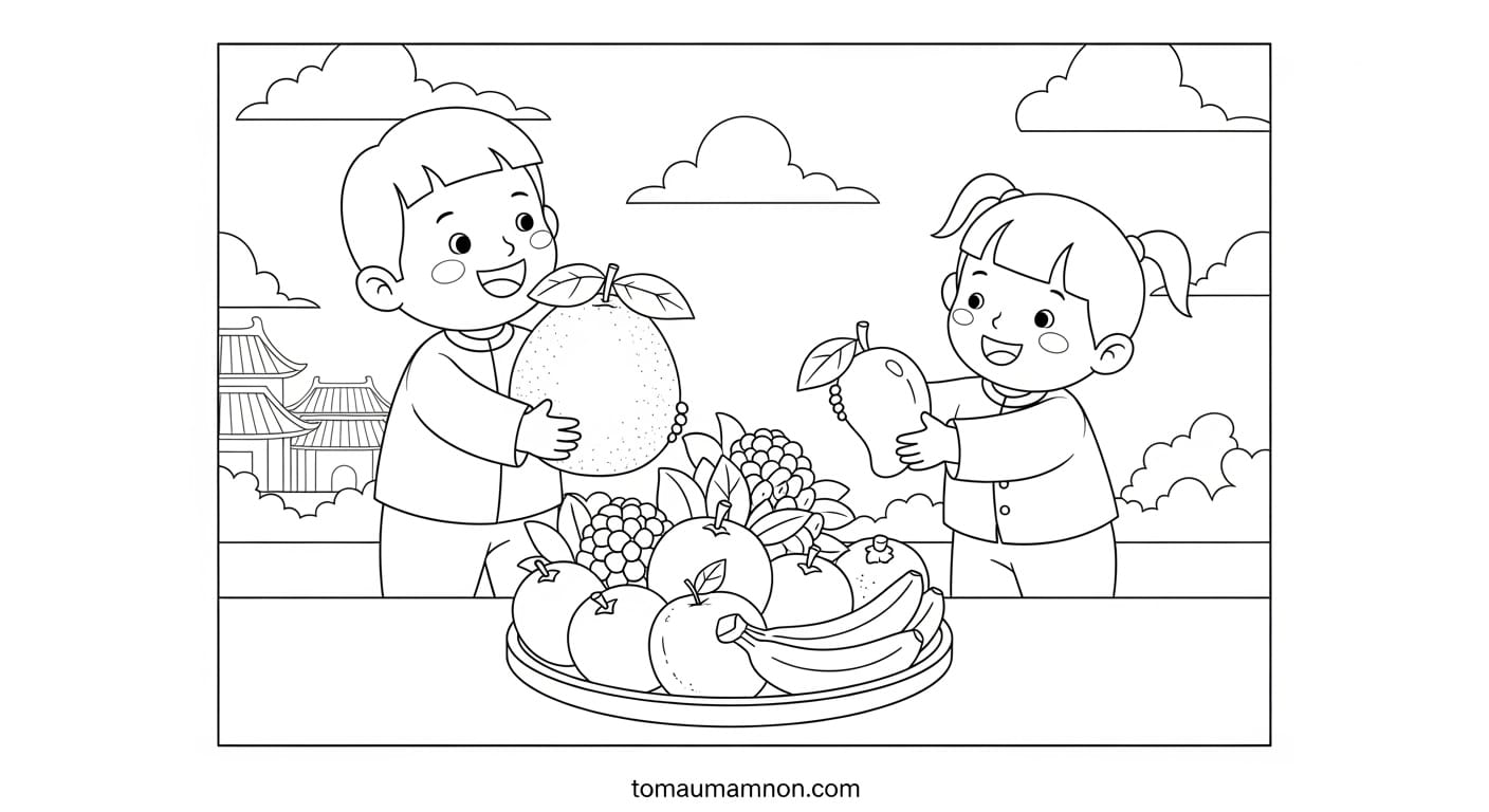 Tranh Tô Màu Mâm Ngũ Quả Ngày Tết Hình ảnh dí dỏm