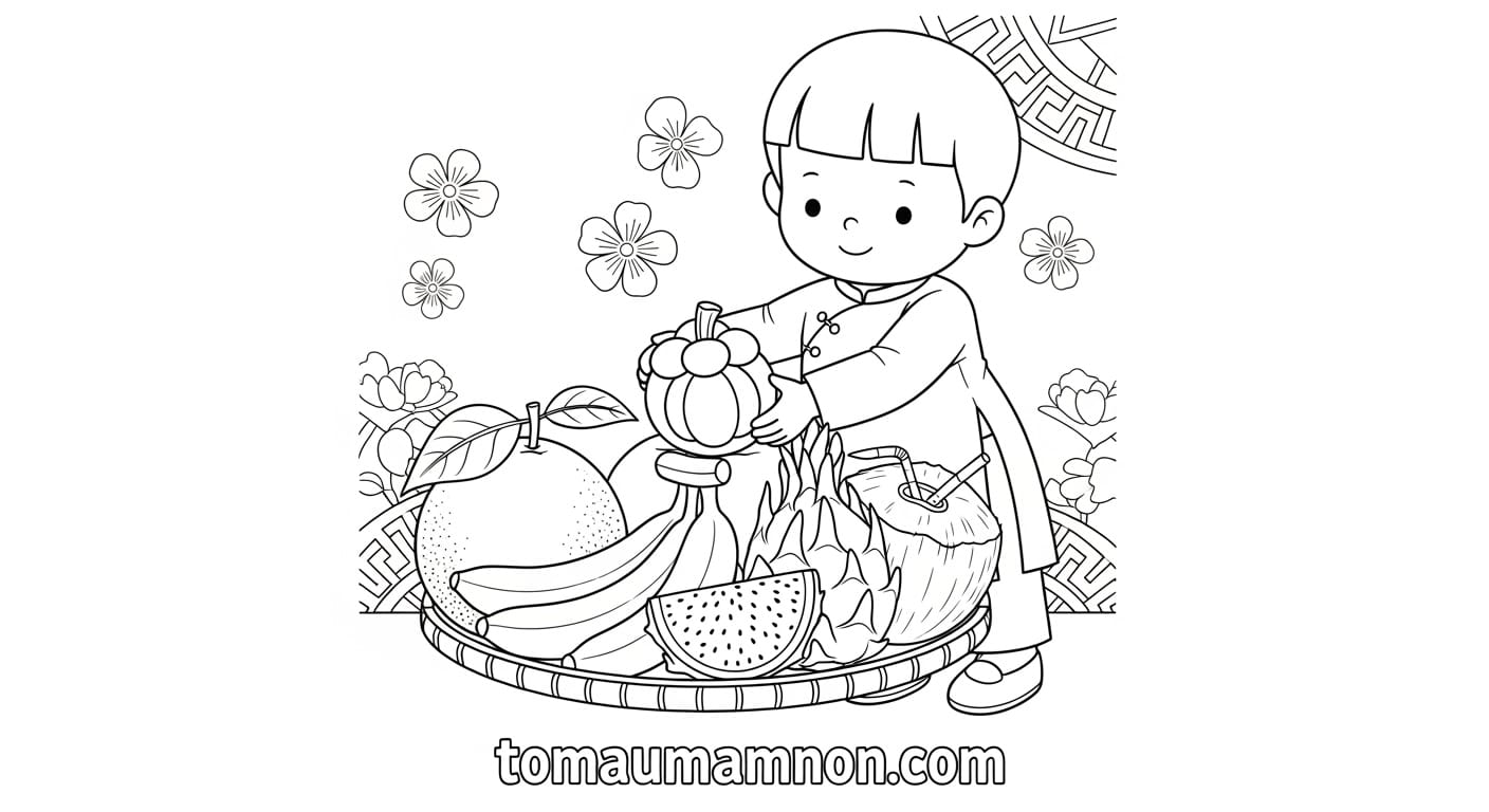 Tranh Tô Màu Mâm Ngũ Quả Ngày Tết Phù hợp cho bé