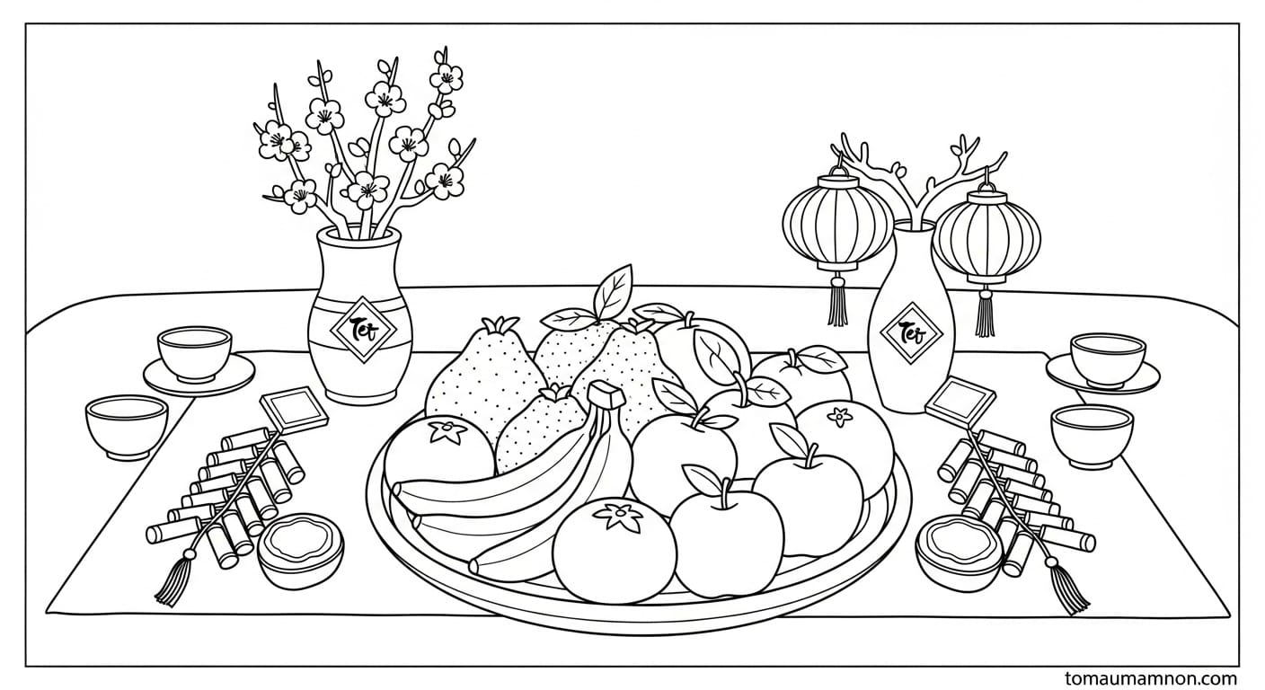 Tranh Tô Màu Mâm Ngũ Quả Ngày Tết Tranh vui nhộn