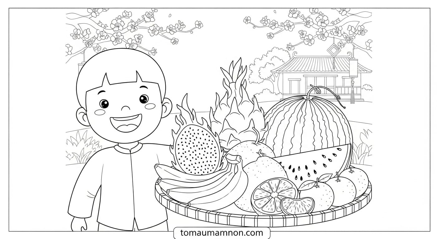 Tranh Tô Màu Mâm Ngũ Quả Ngày Tết Tranh mâm ngũ quả