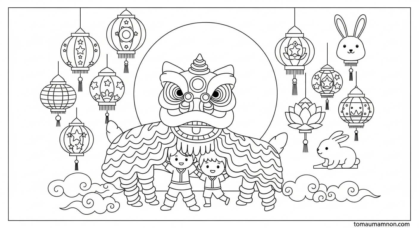 Tranh Tô Màu Múa Lân Tranh tô màu múa lân