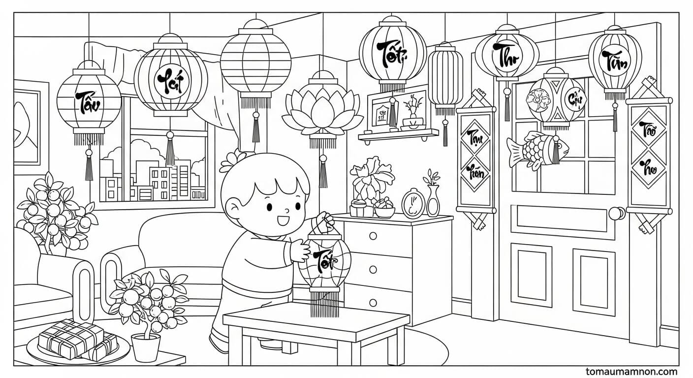 Tranh Tô Màu Ngày Tết Nguyên Đán Cho Bé Bé mặc áo dài