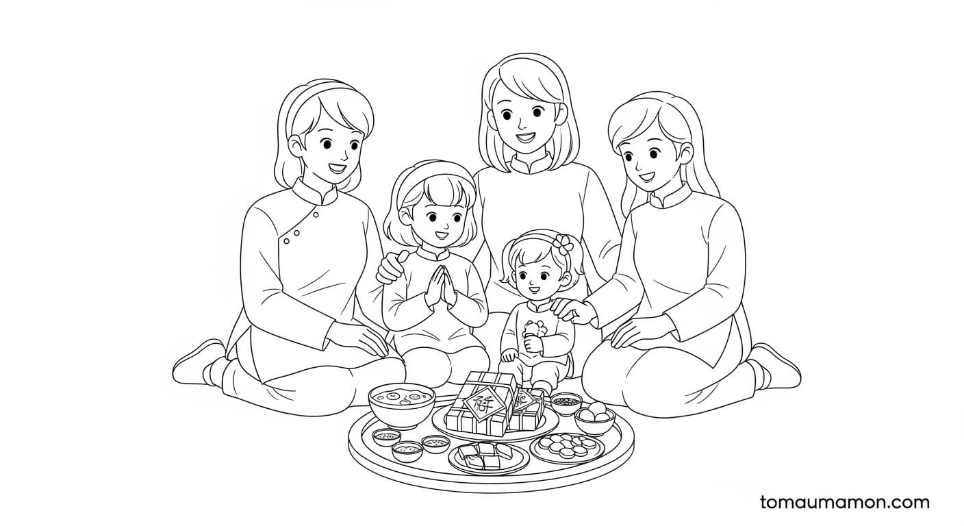 Tranh Tô Màu Ngày Tết Nguyên Đán Cho Bé Mâm cỗ ngày Tết