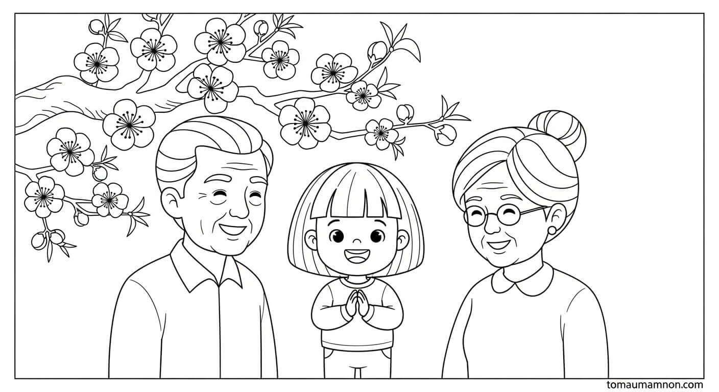 Tranh Tô Màu Ngày Tết Nguyên Đán Cho Bé Bé chúc Tết ông bà