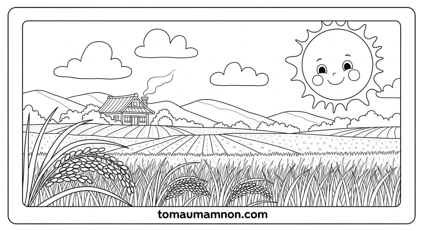 Tranh Tô Màu Phong Cảnh Quê Hương cánh đồng xanh mát