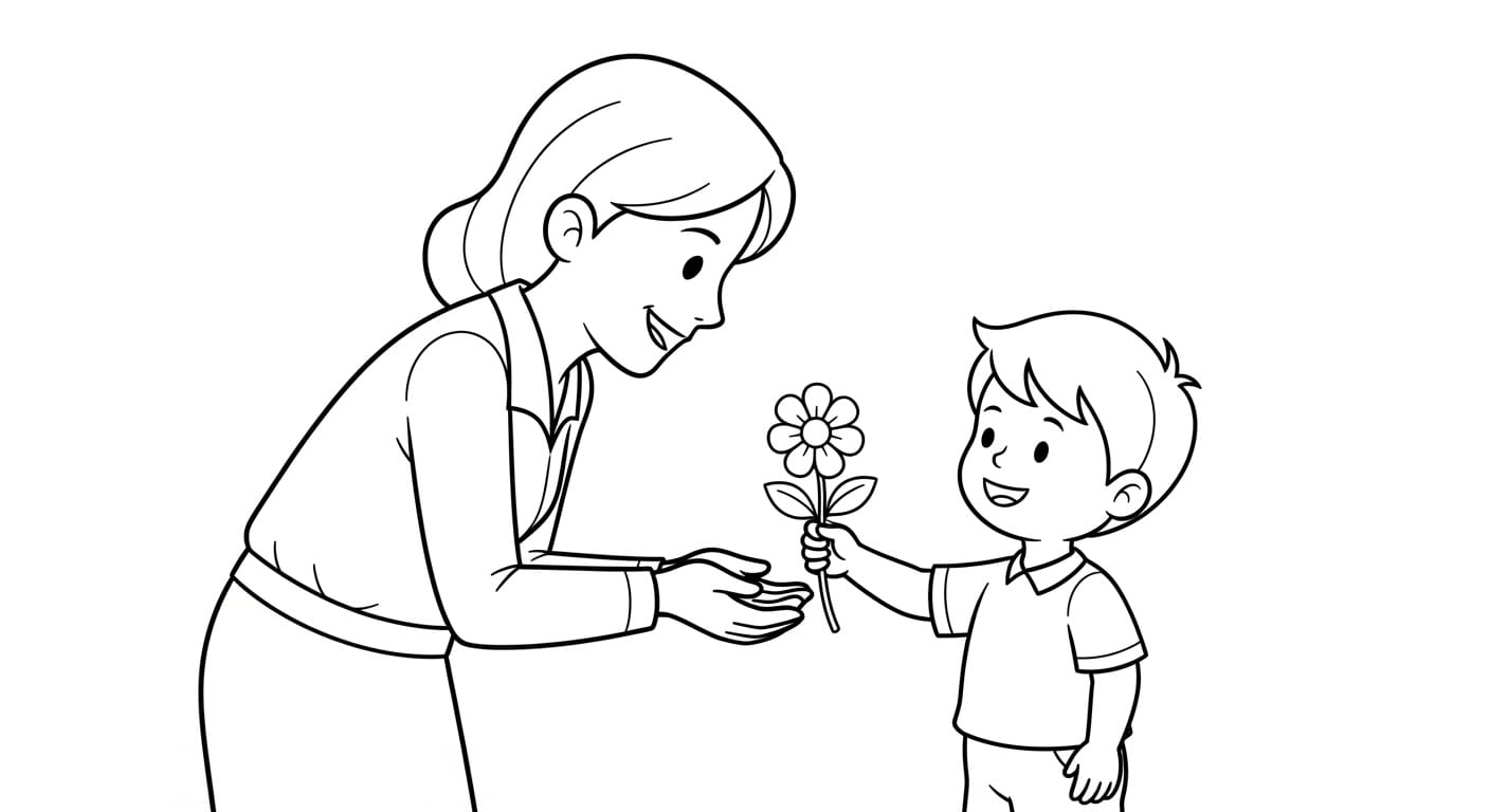 Tranh Tô Màu Tặng Hoa Cô Giáo Bé cười vui khi tặng hoa