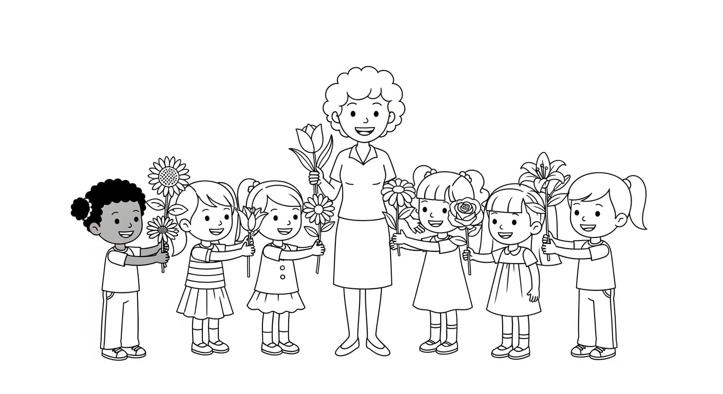 Tranh Tô Màu Tặng Hoa Cô Giáo Cô giáo nhận hoa của bé