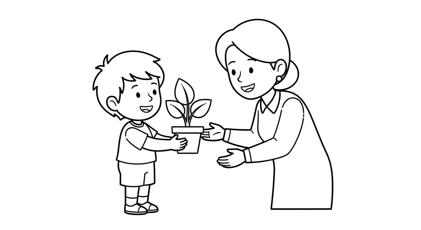 Tranh Tô Màu Tặng Hoa Cô Giáo Bé trai tặng hoa cô