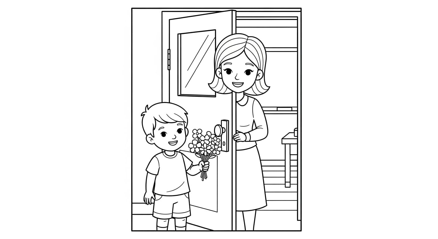 Tranh Tô Màu Tặng Hoa Cô Giáo Niềm vui khi nhận hoa