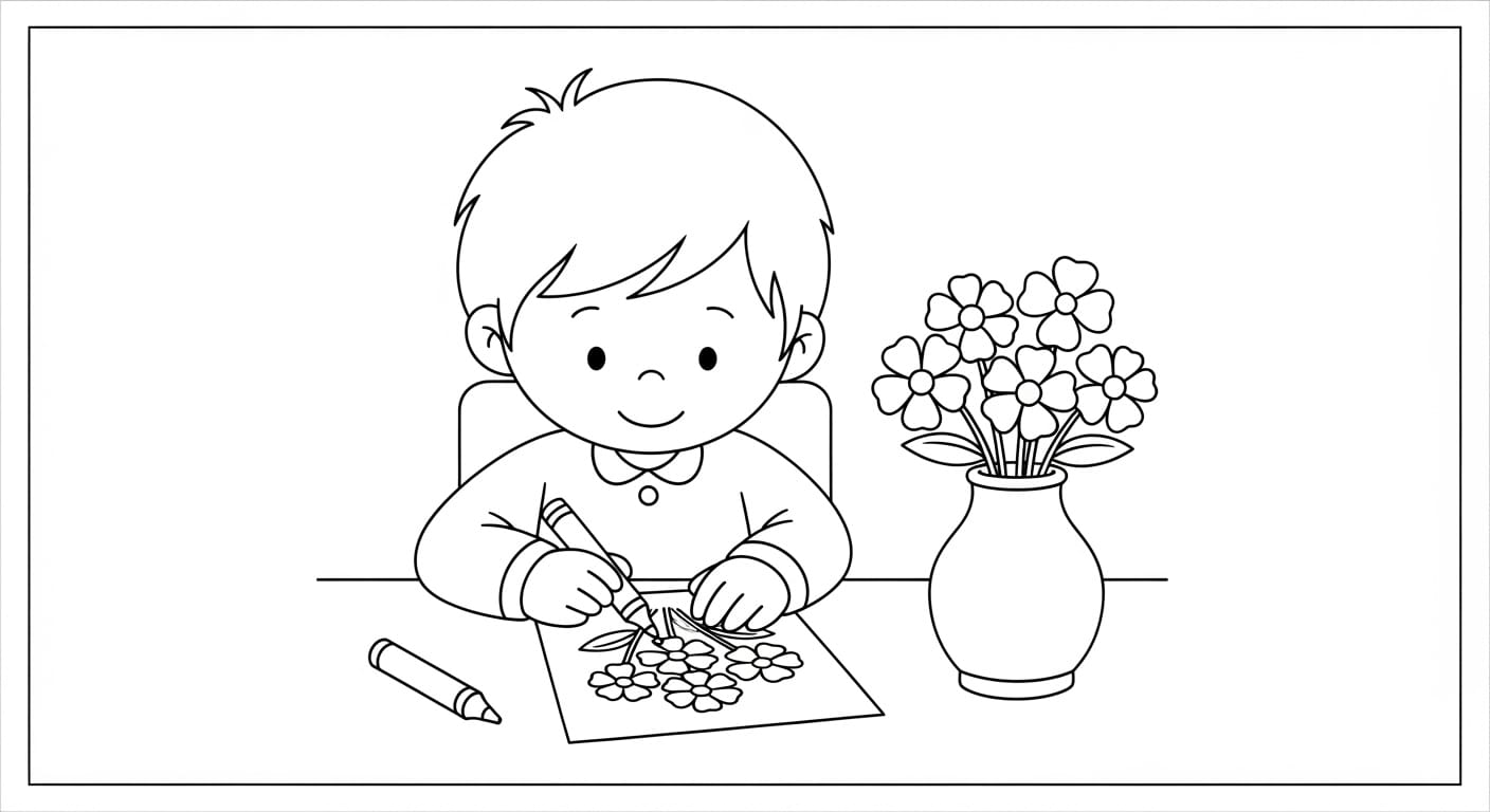 Tranh Tô Màu Tặng Hoa Cô Giáo Bé đứng với bó hoa rực rỡ