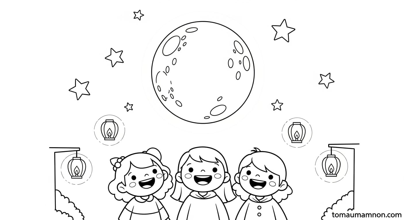 Tranh Tô Màu Tết Trung Thu tranh trẻ em vui đùa dưới trăng