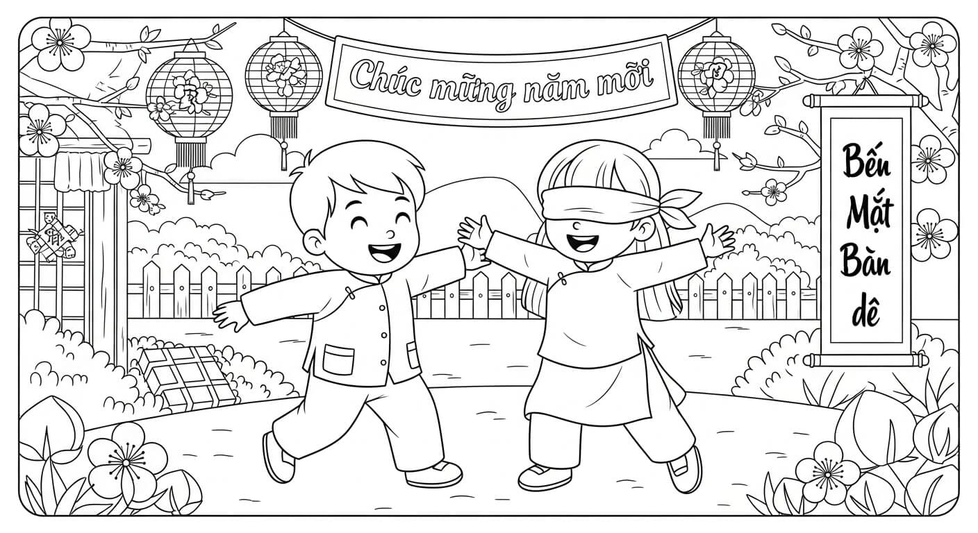 Tranh Tô Màu Tết Và Mùa Xuân con thuyền trên sông