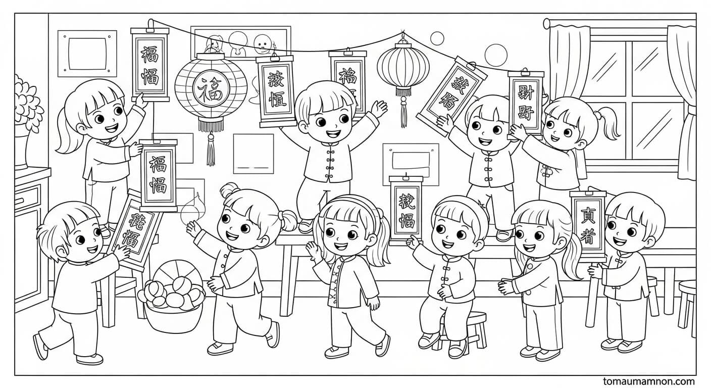 Tranh Tô Màu Tết Và Mùa Xuân bé vui đùa