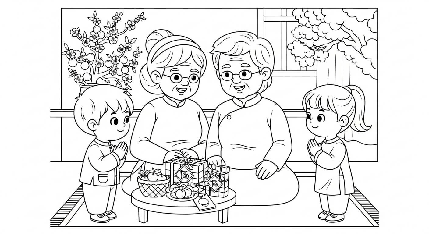 Tranh Tô Màu Tết Và Mùa Xuân gia đình sum vầy