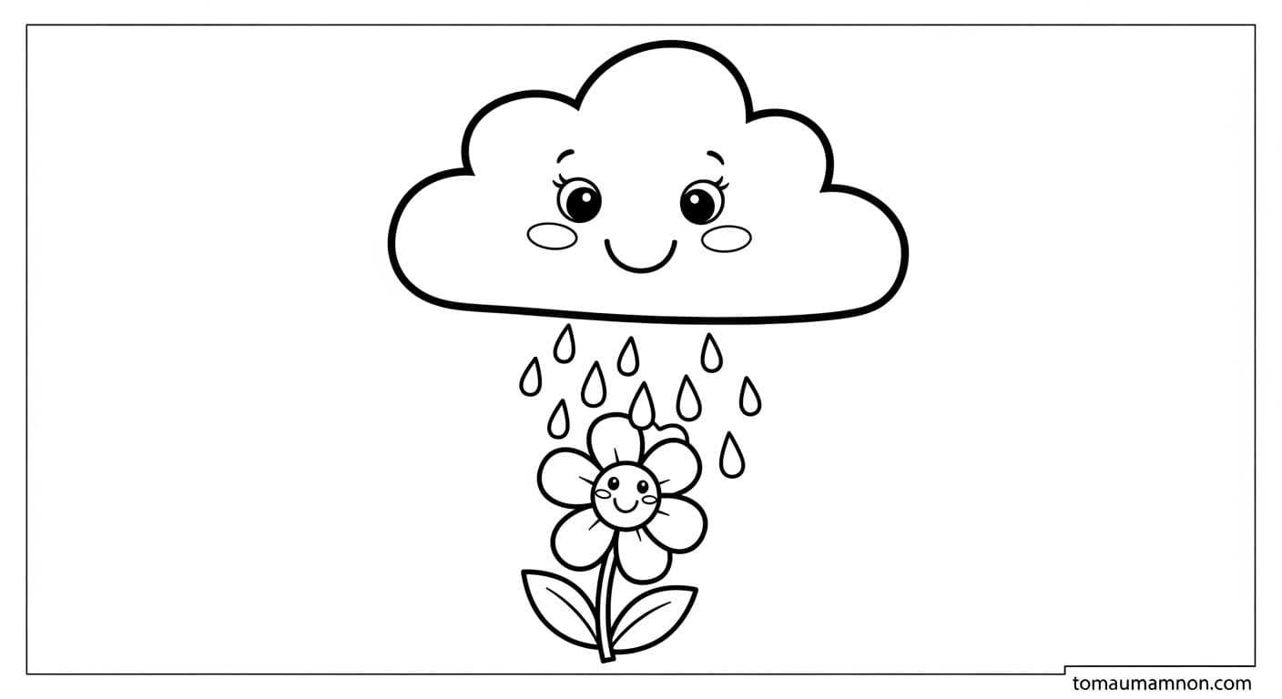 Tranh Tô Màu Thời Tiết Trẻ em vẽ mưa và ô