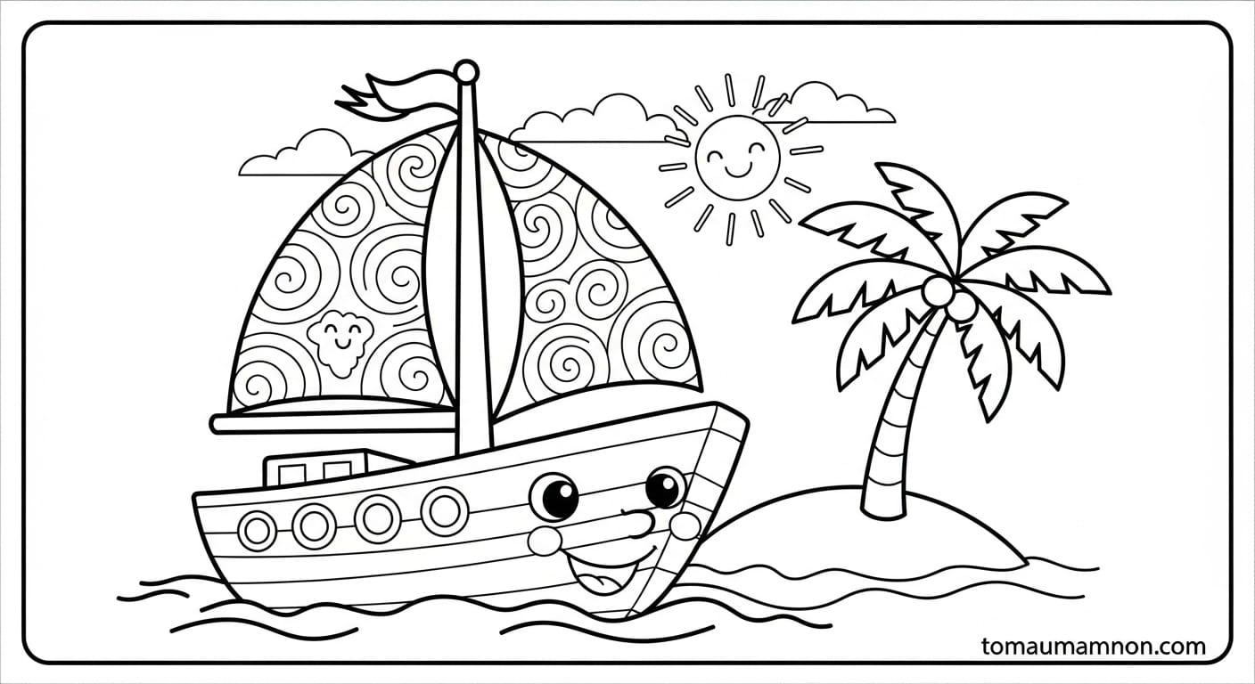 Tranh Tô Màu Thuyền Buồm Thuyền buồm với phong cảnh biển xanh