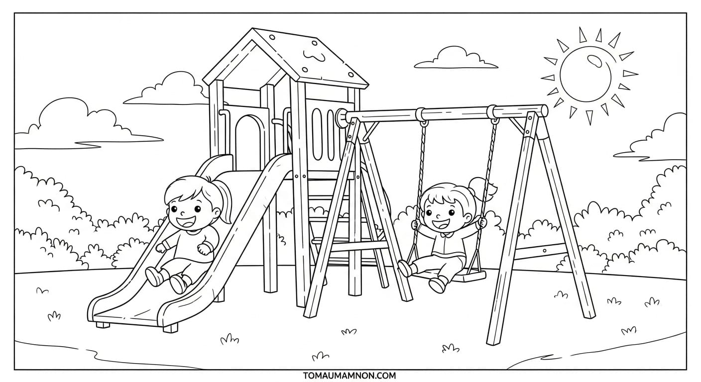 Tranh Tô Màu Trường Mầm Non Cầu tuột và xích đu