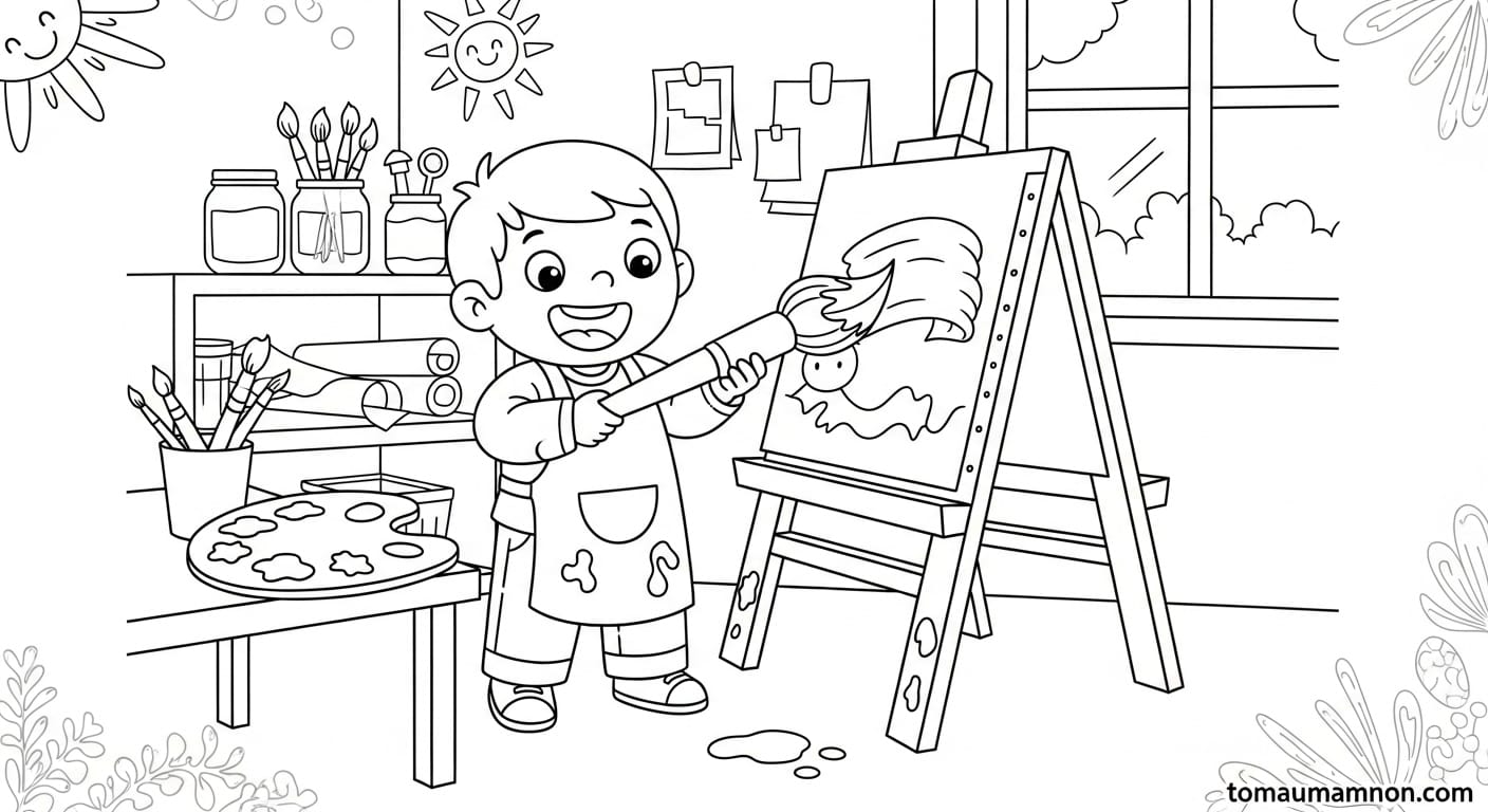 Tranh Tô Màu Trường Mầm Non Cây xanh quanh trường